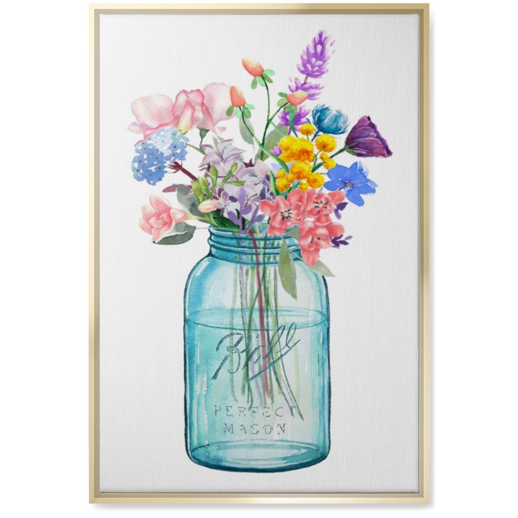 Watercolor Floral Mason Jar Bouquet Painting - Multi Wall Art, Gold, Single piece, Canvas, 20x30, Multicolor