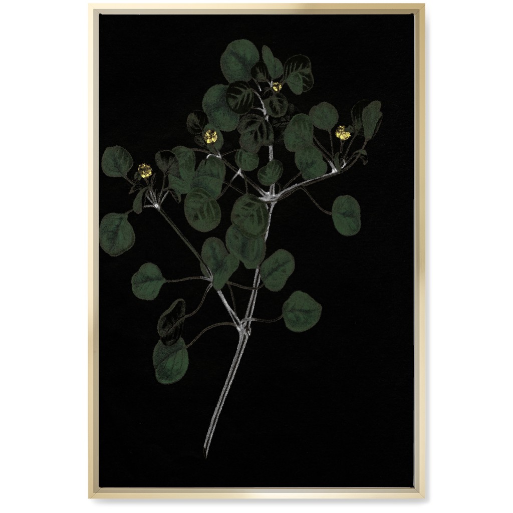 Midnight Botanical Sprig With Leaves - Black and Green Wall Art, Gold, Single piece, Canvas, 20x30, Black