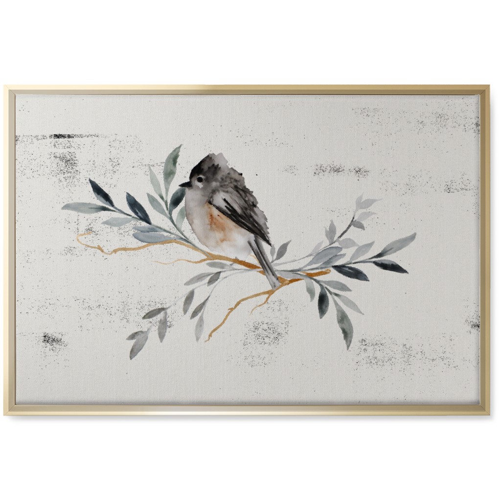 Winter Bird on Branch - Blue Wall Art, Gold, Single piece, Canvas, 20x30, Gray
