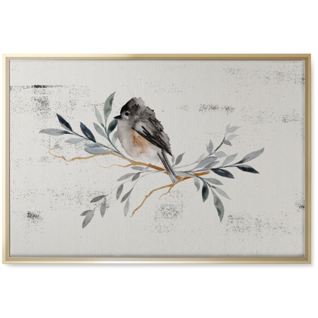 Winter Bird on Branch - Blue Wall Art, Gold, Single piece, Canvas, 20x30, Gray, Gray