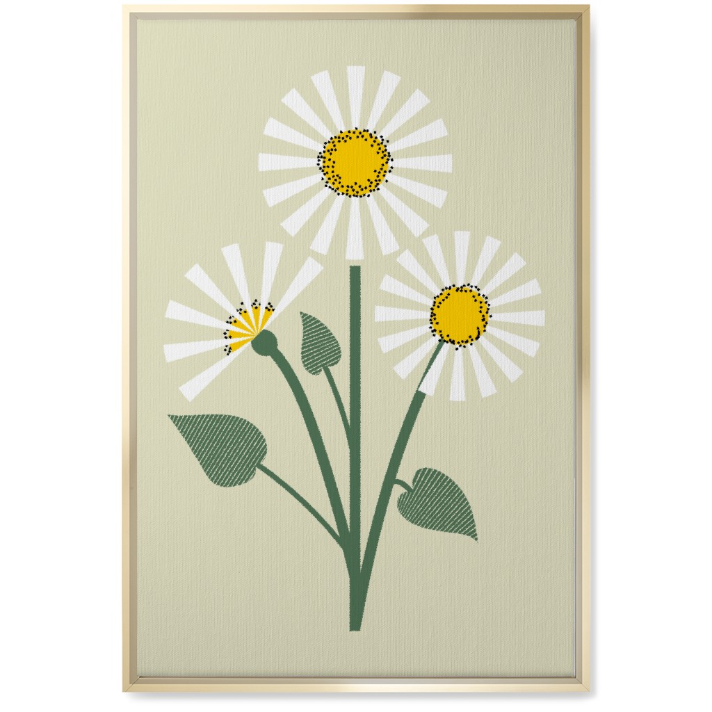 Abstract Daisy Flower - White on Beige Wall Art, Gold, Single piece, Canvas, 20x30, Green