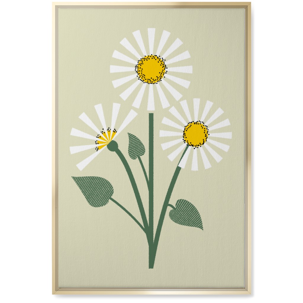 Abstract Daisy Flower - White on Beige Wall Art, Gold, Single piece, Canvas, 20x30, Green, Classic Green