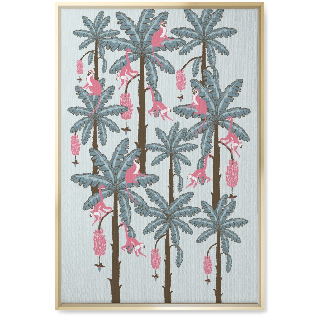 Monkey and Banana Trees - Blue and Pink Wall Art, Gold, Single piece, Canvas, 20x30, Blue