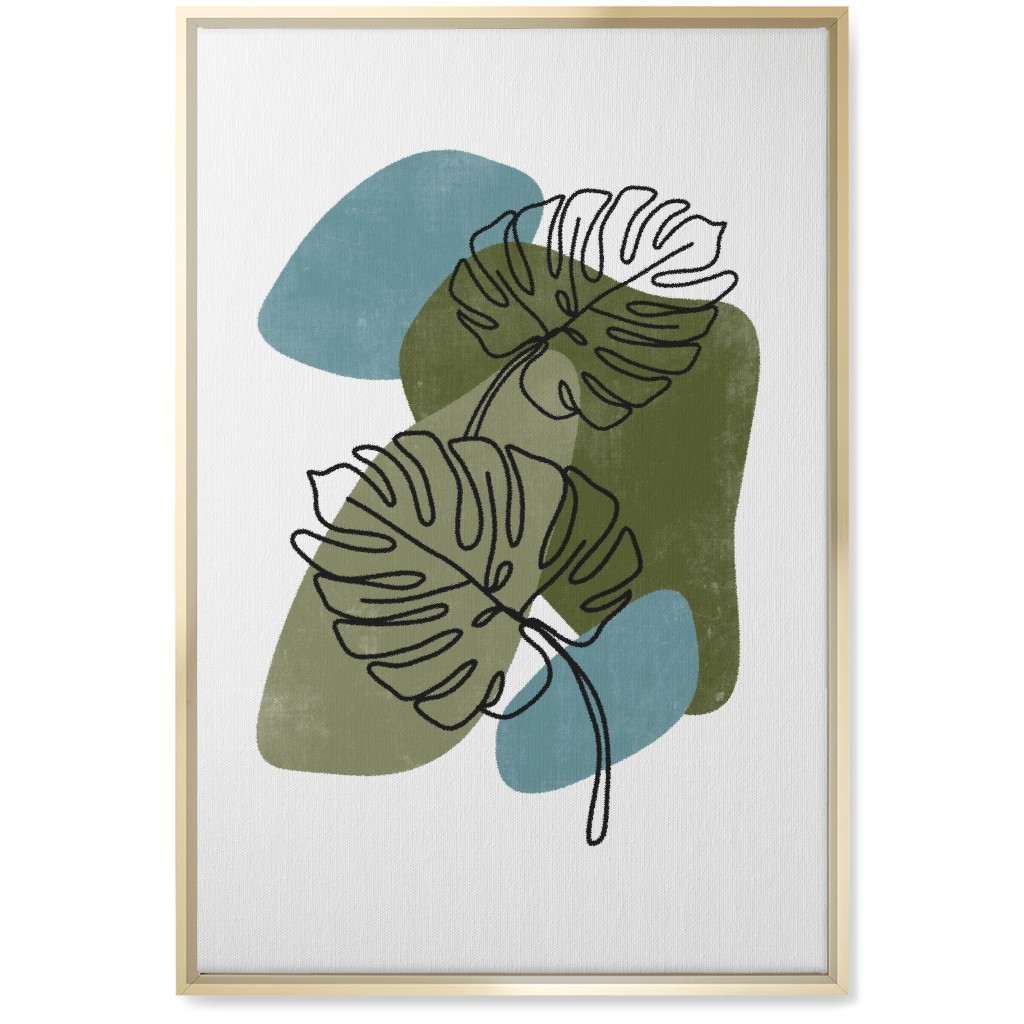 Abstract Monstera Leaves - Green and Blue Wall Art, Gold, Single piece, Canvas, 20x30, Green