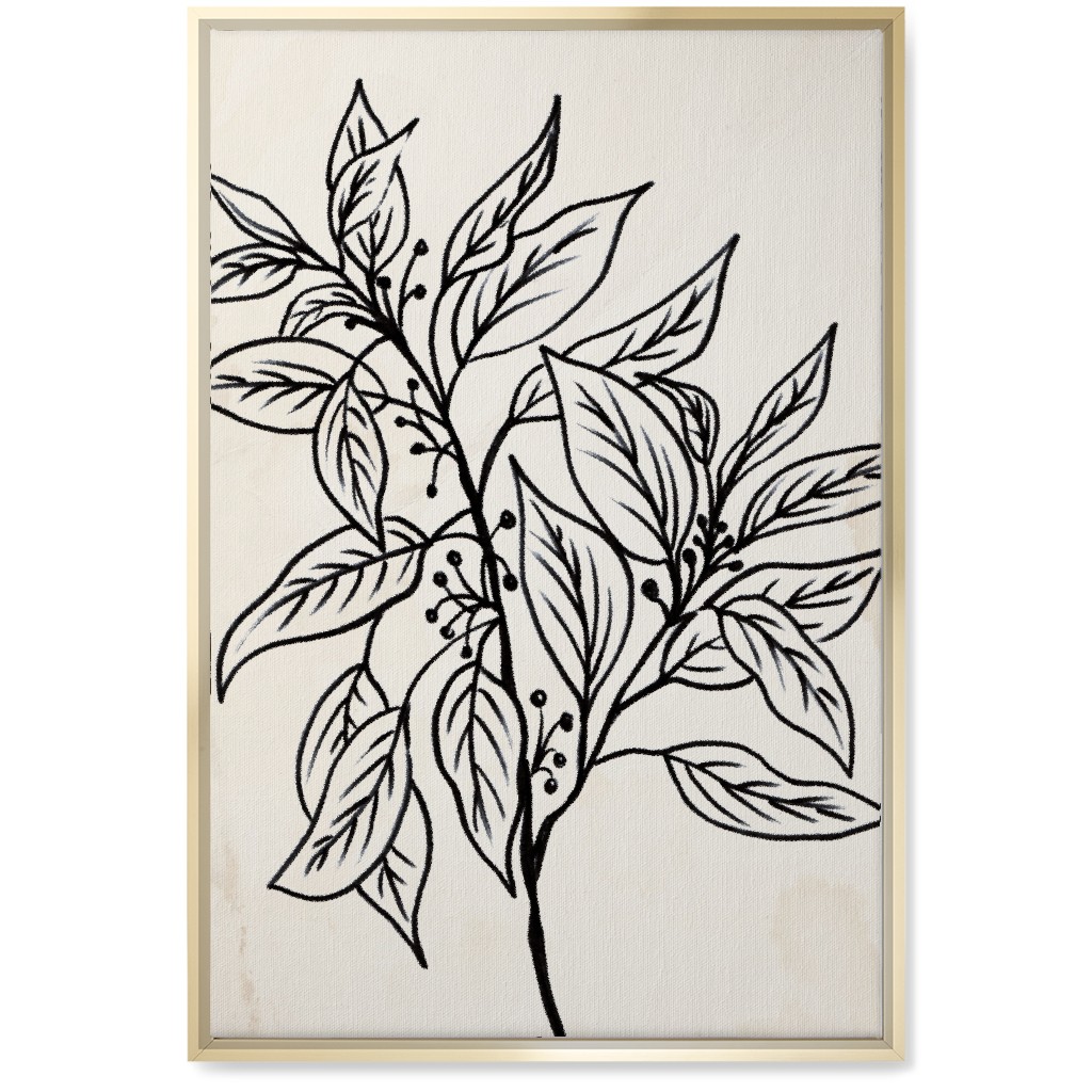 Vintage Branch With Leaves Sketch - Beige and Black Wall Art, Gold, Single piece, Canvas, 20x30, Beige, Pearl