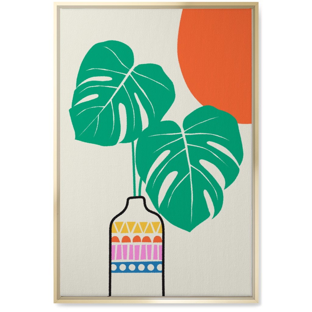 Monstera Leaves in a Vase - Neutral Wall Art, Gold, Single piece, Canvas, 20x30, Multicolor