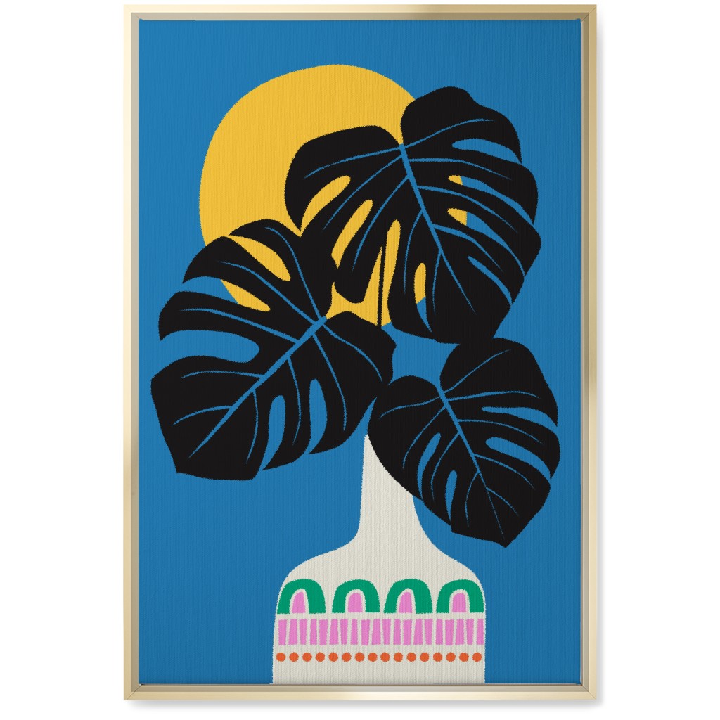 Monstera Leaves in a Vase - Blue Wall Art, Gold, Single piece, Canvas, 20x30, Blue
