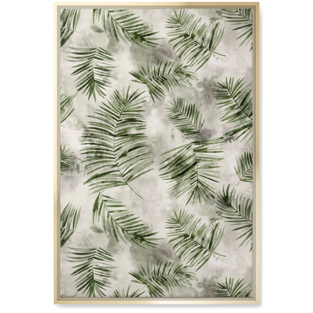 Watercolor Botanical Palms - Green on Beige Wall Art, Gold, Single piece, Canvas, 20x30, Green