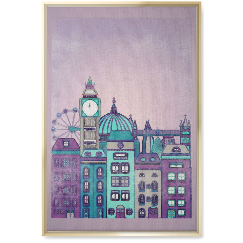 Pretty London Skyline Wall Art, Gold, Single piece, Canvas, 20x30, Purple