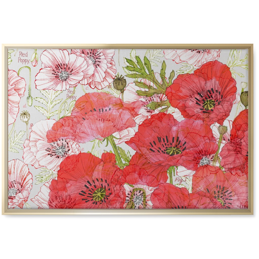 Poppies Romance - Red Wall Art, Gold, Single piece, Canvas, 20x30, Red