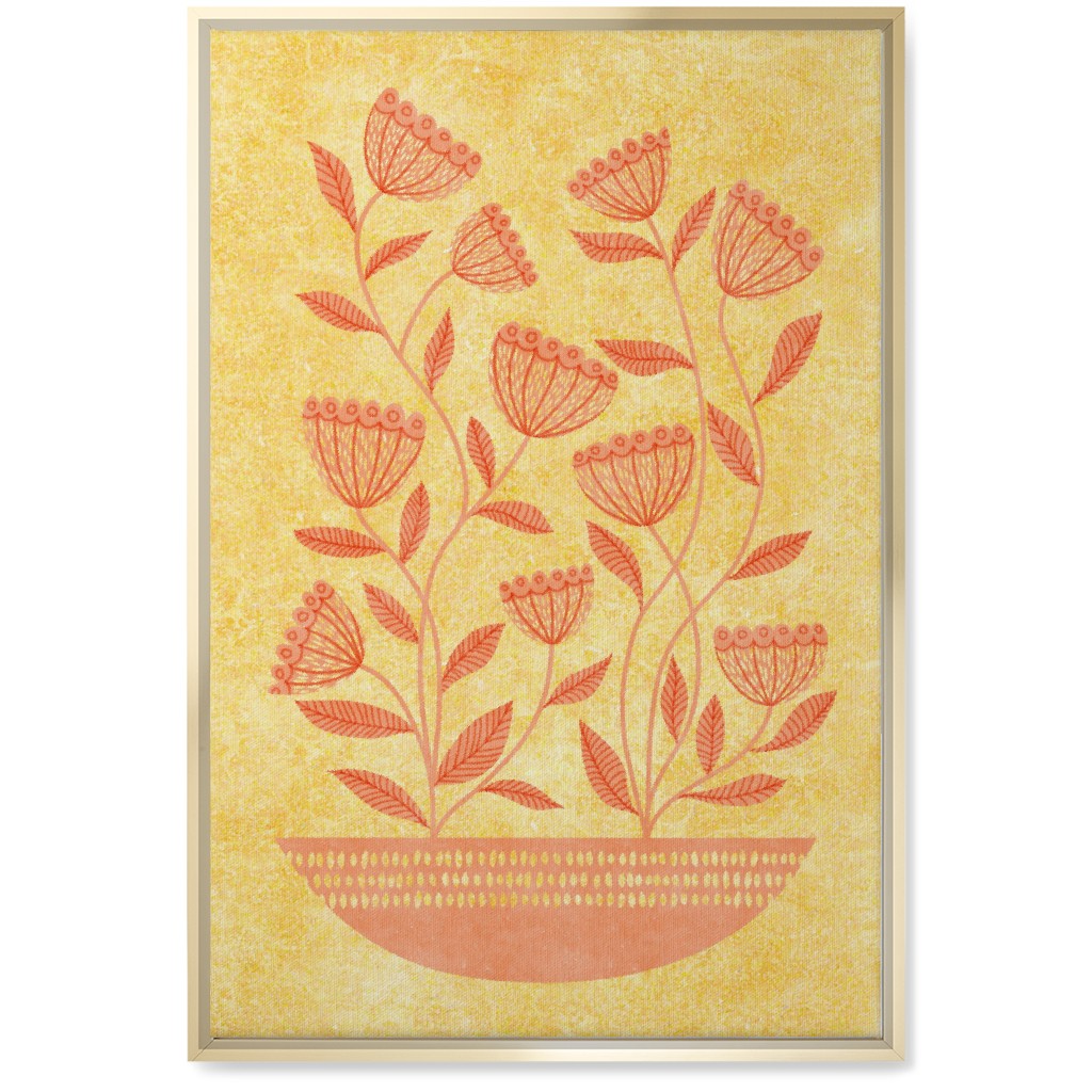 Mid Century Modern Orange Floral on Yellow Wall Art, Gold, Single piece, Canvas, 20x30, Orange