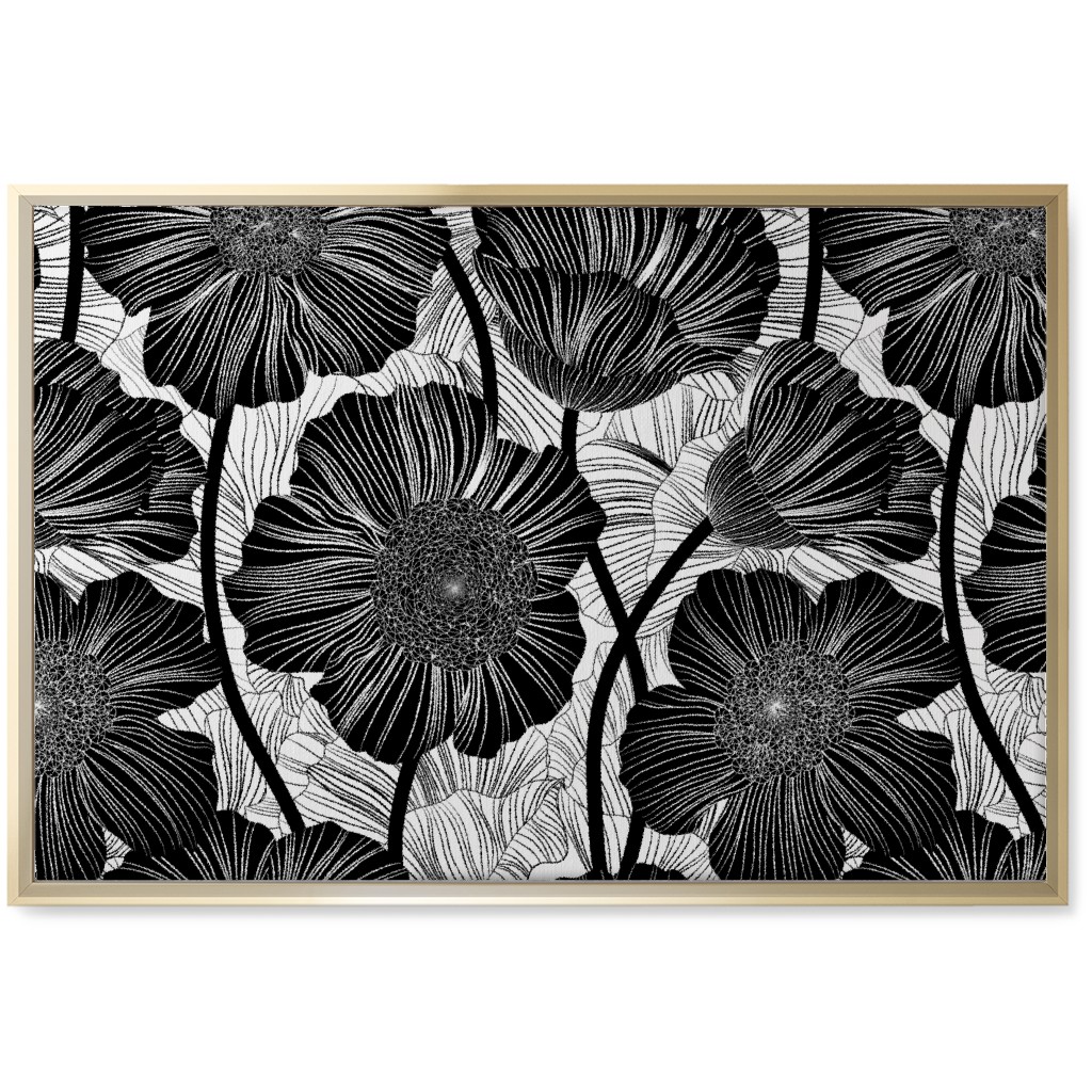Mid Century Modern Floral - Black and White Wall Art, Gold, Single piece, Canvas, 20x30, Black