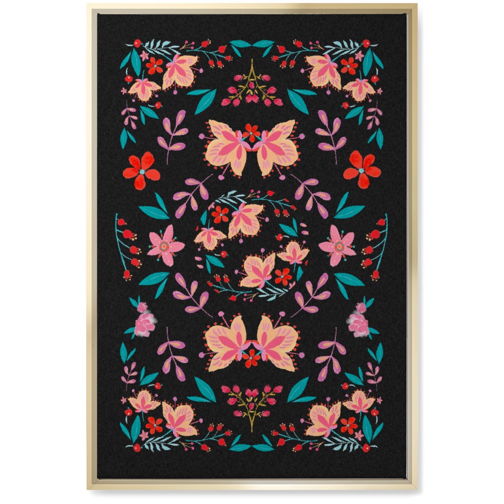 Pink Flora Folk Art on Black Wall Art, Gold, Single piece, Canvas, 20x30, Multicolor