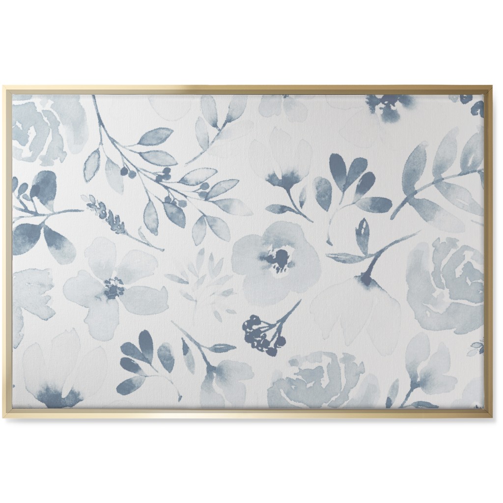 Faded Floral Watercolor - Light Blue Wall Art, Gold, Single piece, Canvas, 24x36, Blue