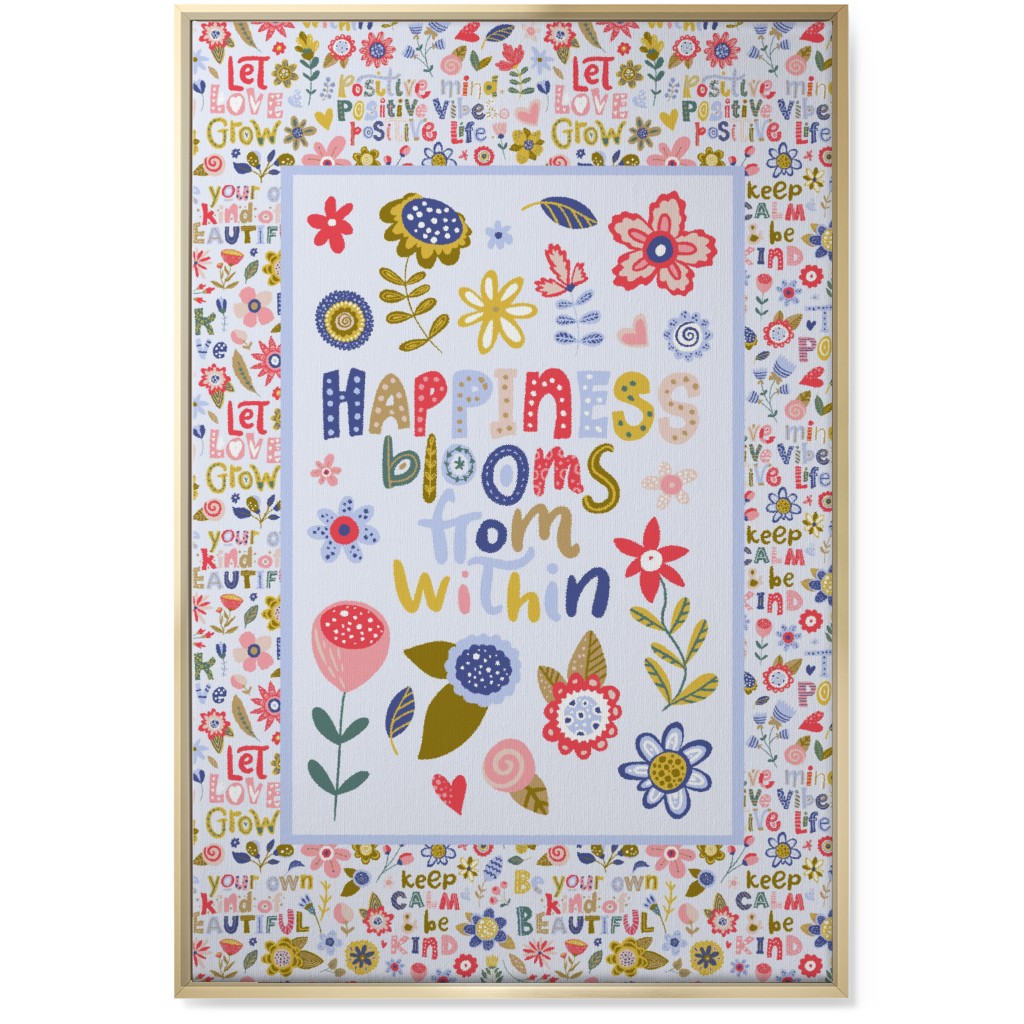 Happiness Blooms From Within - Inspirational Floral Wall Art, Gold, Single piece, Canvas, 24x36, Multicolor