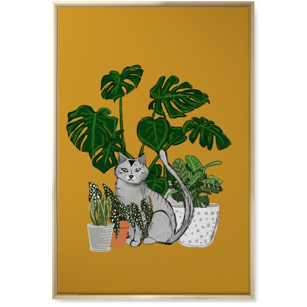 Indoor Garden Cat Wall Art, Gold, Single piece, Canvas, 24x36, Orange