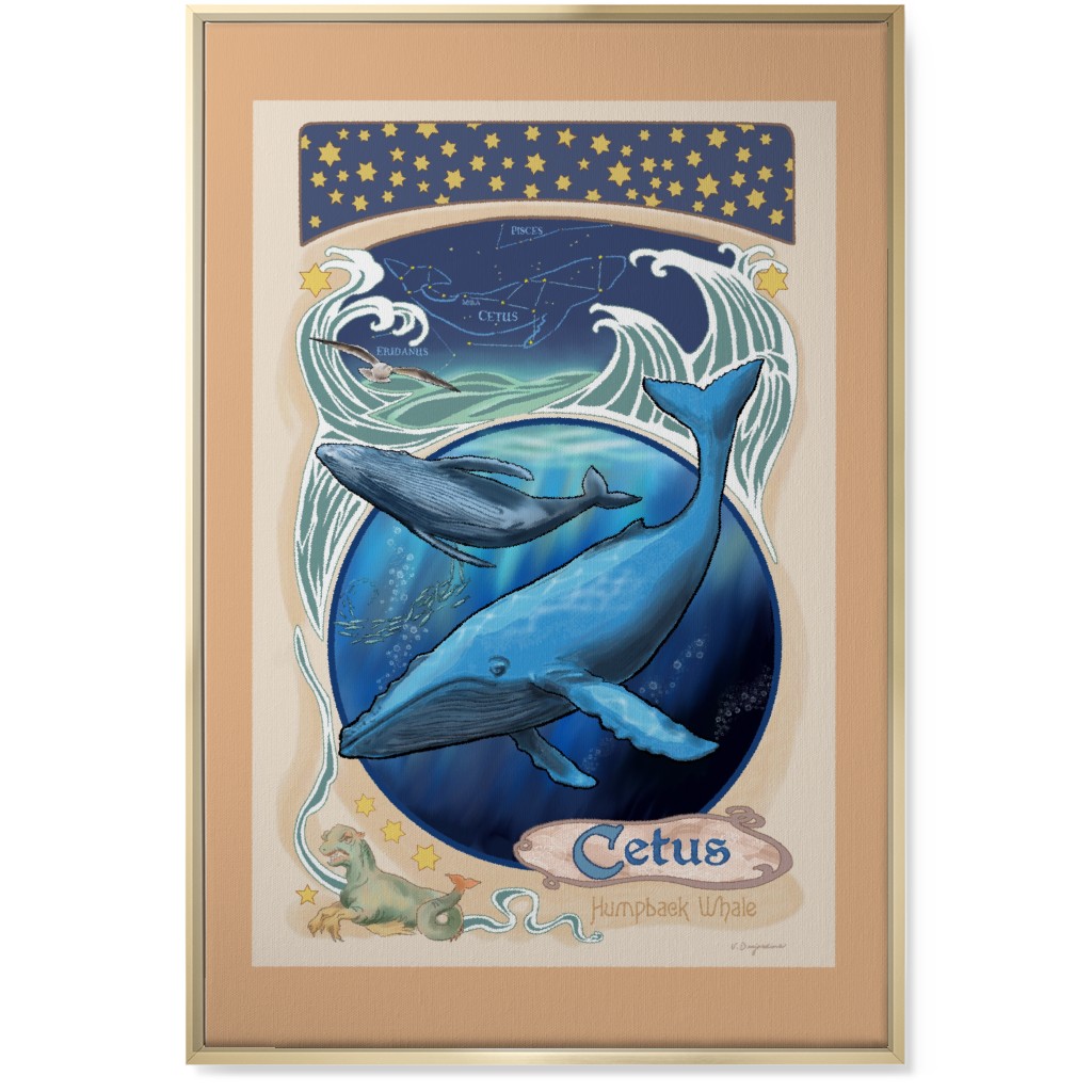 Art Nouveau Humpback Whale Wall Art, Gold, Single piece, Canvas, 24x36, Blue, True Blue