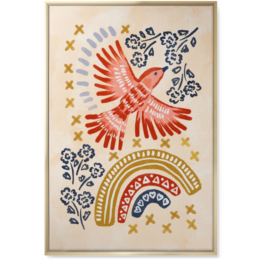 Bird, Rainbow, Flower, Spring Wall Art Wall Art, Gold, Single piece, Canvas, 24x36, Multicolor