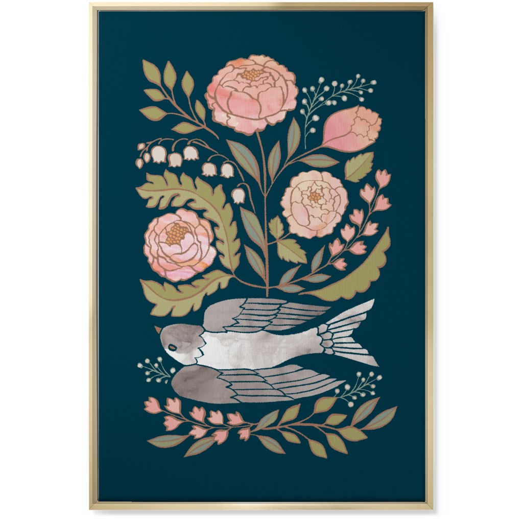 Bloom - Dove & Pink Peonies on Blue Wall Art, Gold, Single piece, Canvas, 24x36, Multicolor