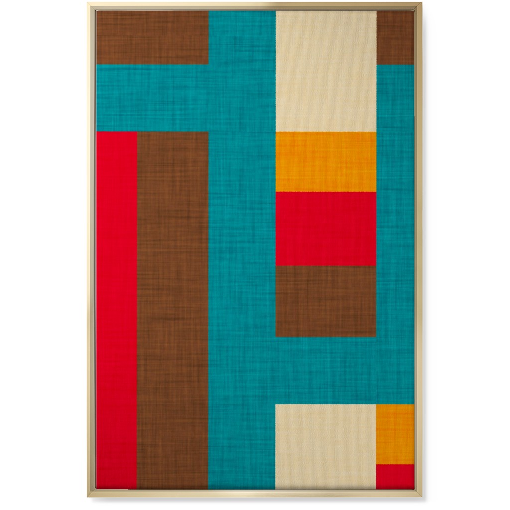 Abstract Mod Cube - Multi on Blue Wall Art, Gold, Single piece, Canvas, 24x36, Multicolor