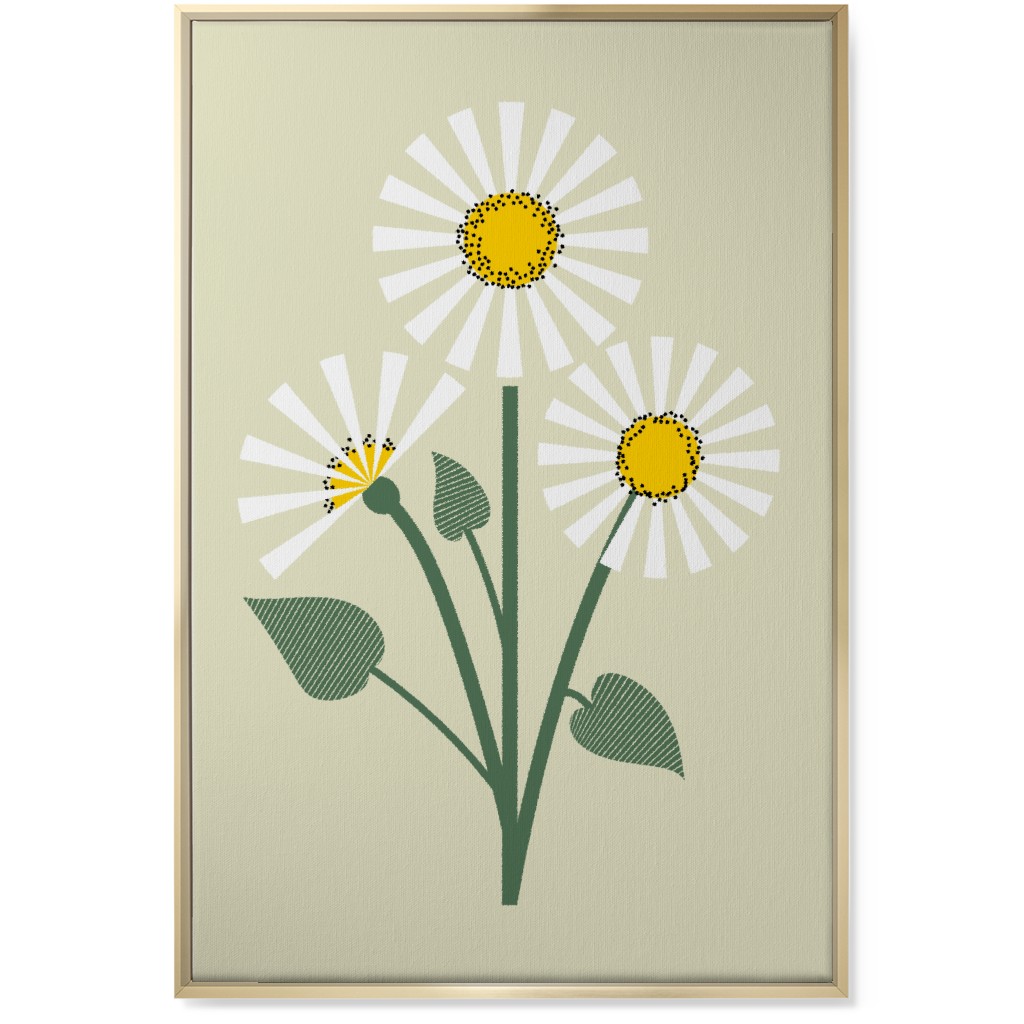 Abstract Daisy Flower - White on Beige Wall Art, Gold, Single piece, Canvas, 24x36, Green, Classic Green