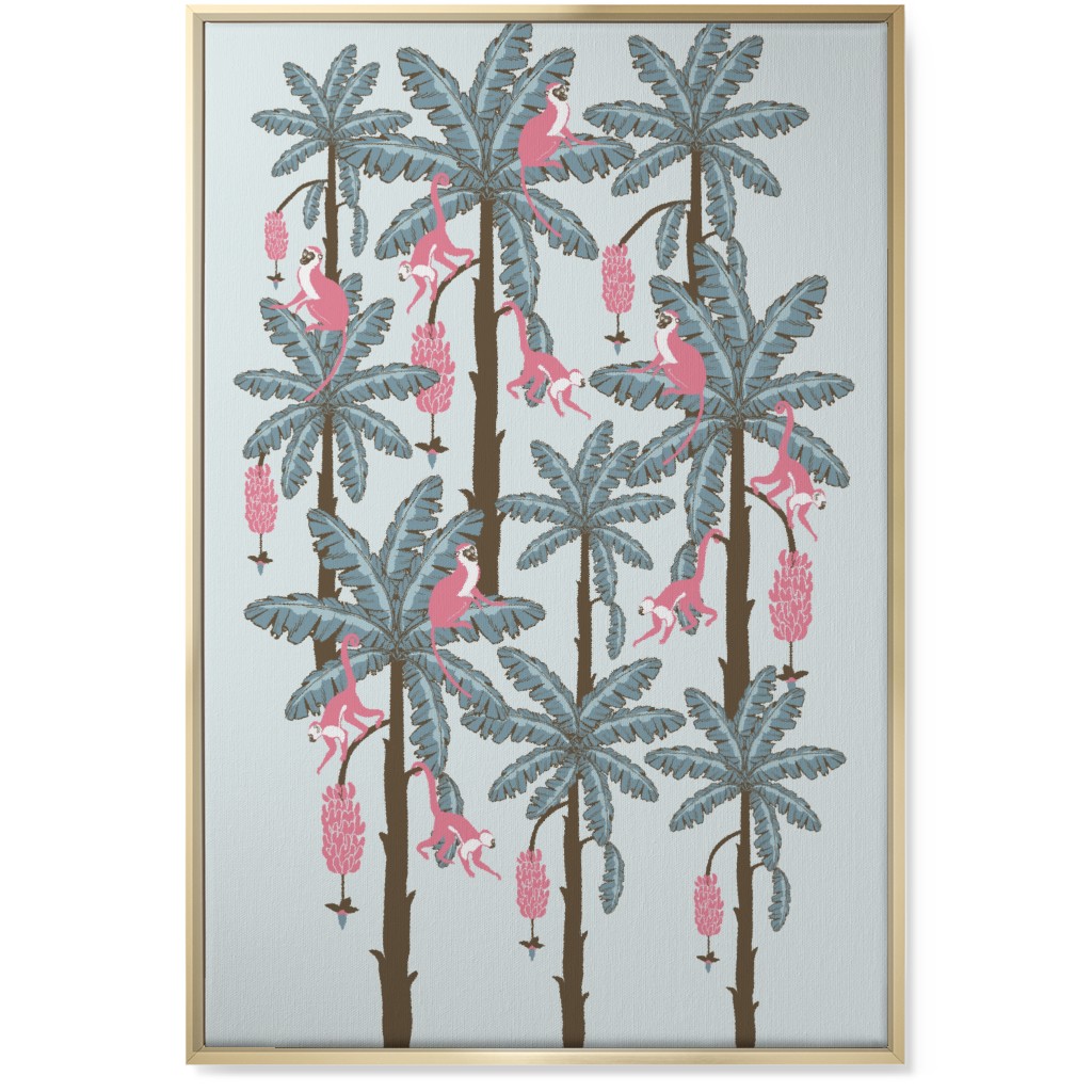 Monkey and Banana Trees - Blue and Pink Wall Art, Gold, Single piece, Canvas, 24x36, Blue