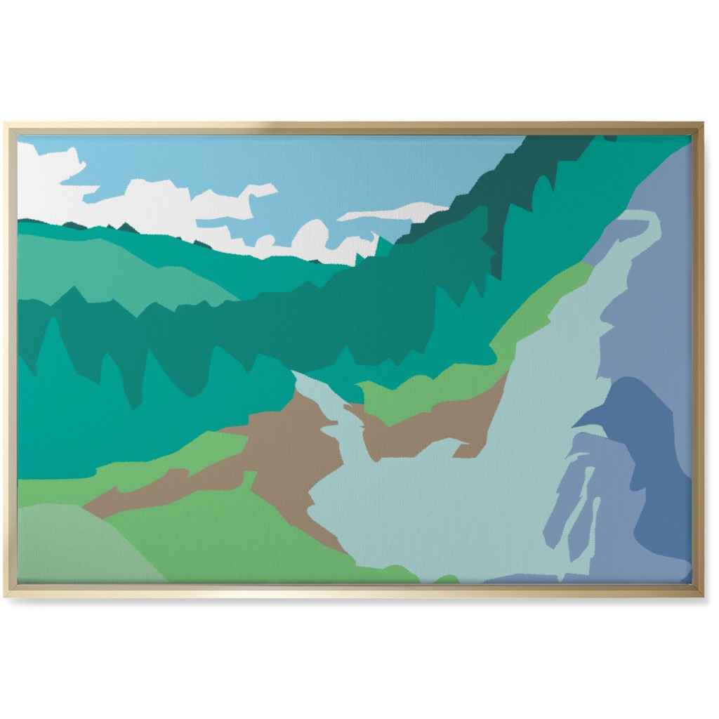 Minimalist Valley Forest Waterfall - Green and Blue Wall Art, Gold, Single piece, Canvas, 24x36, Green