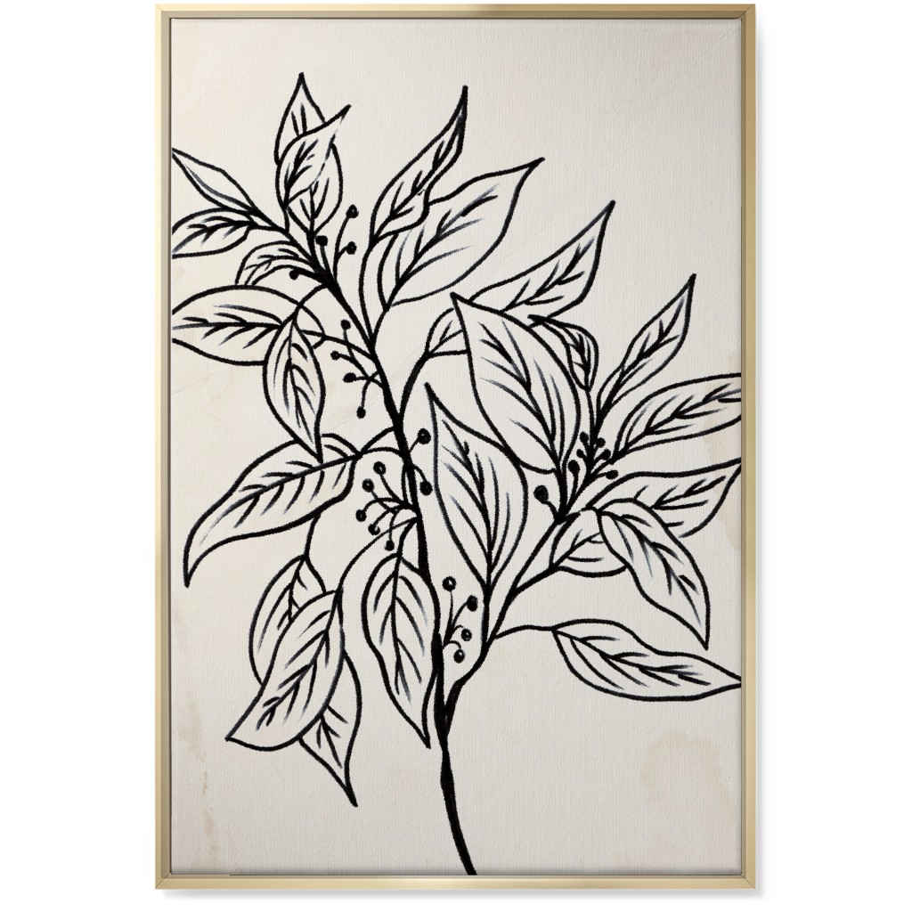 Vintage Branch With Leaves Sketch - Beige and Black Wall Art, Gold, Single piece, Canvas, 24x36, Beige, Pearl
