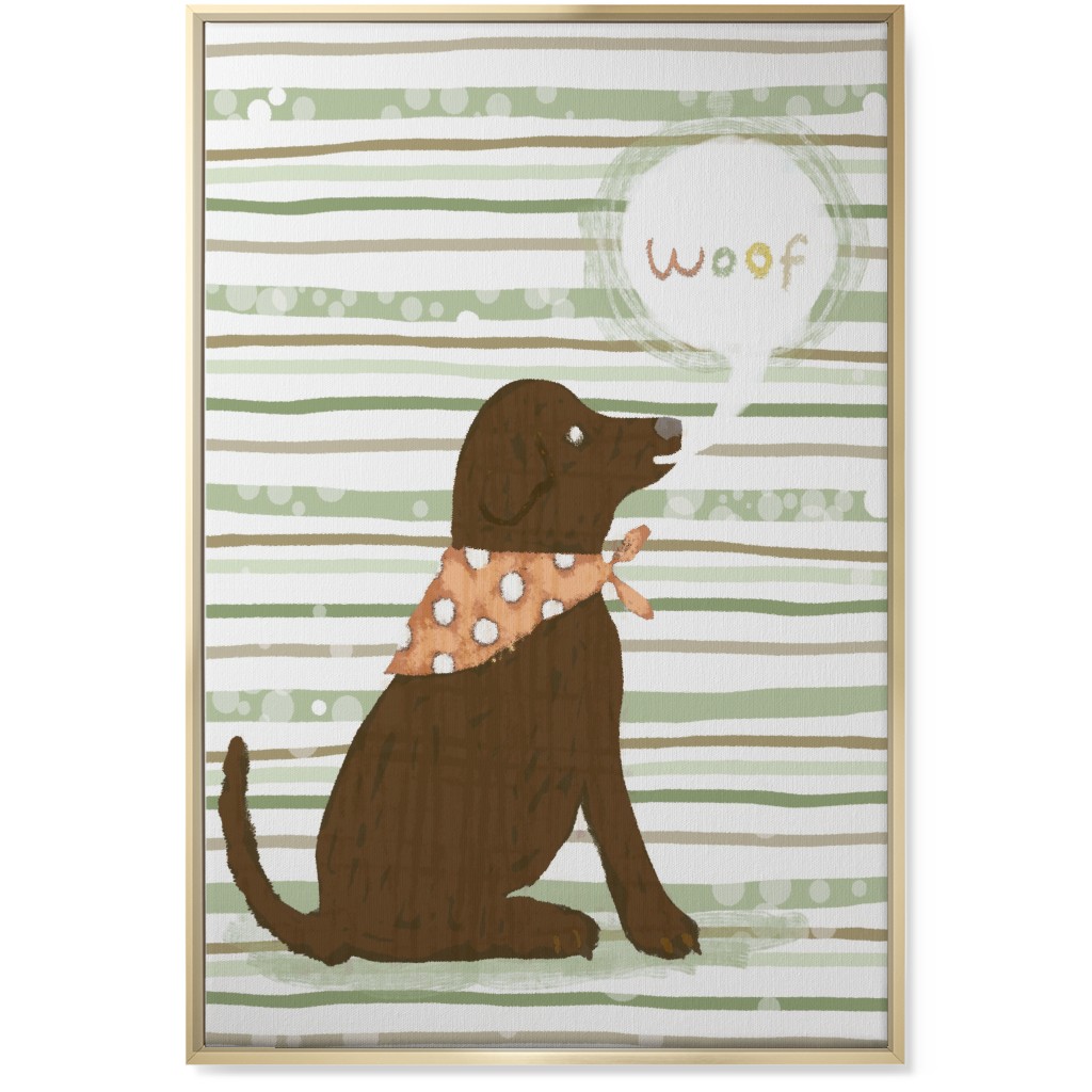 Woof, Dog - Brown and Green Wall Art, Gold, Single piece, Canvas, 24x36, Green