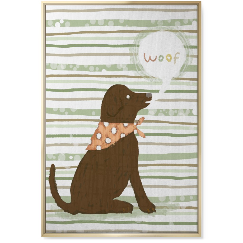 Woof, Dog - Brown and Green Wall Art, Gold, Single piece, Canvas, 24x36, Green, Classic Green