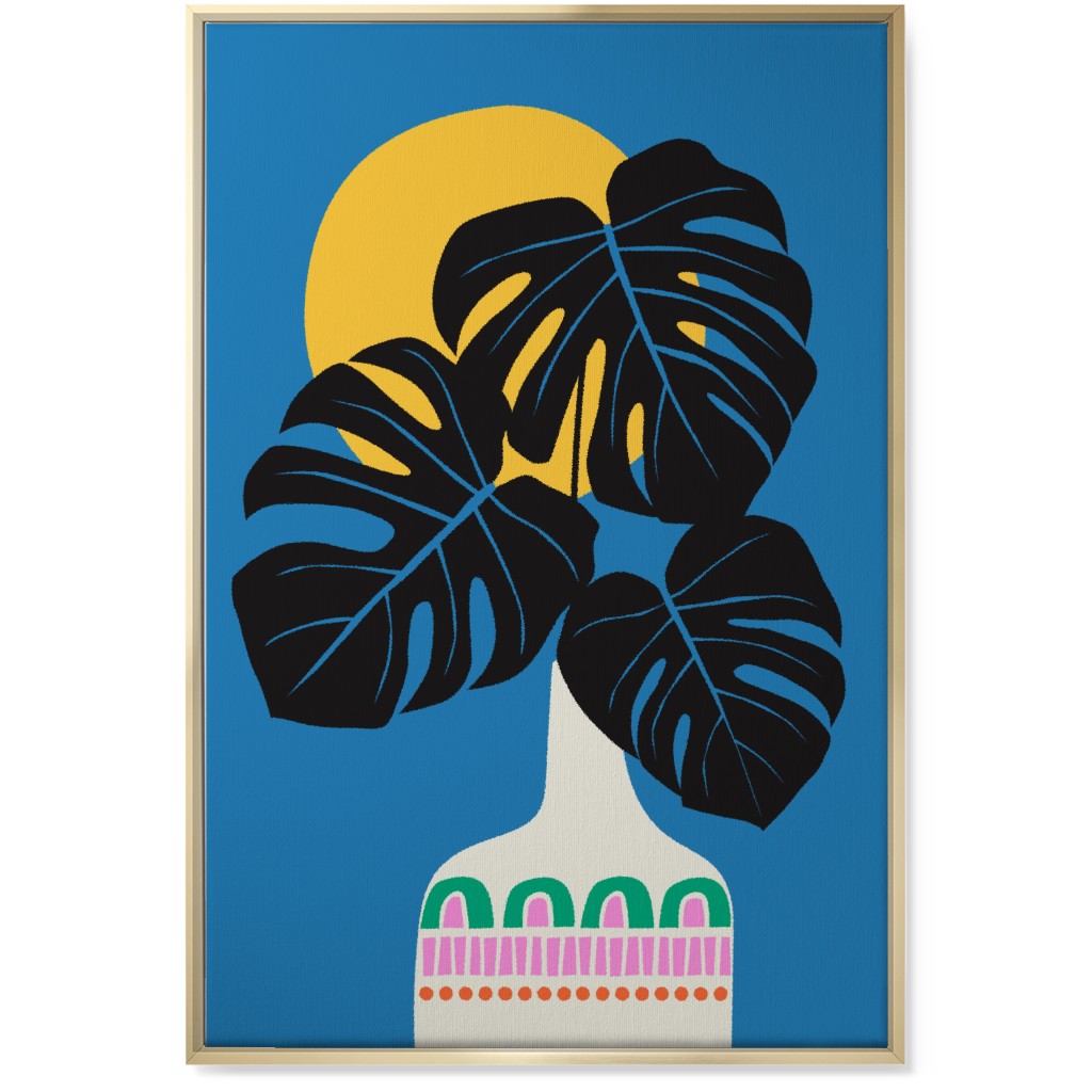 Monstera Leaves in a Vase - Blue Wall Art, Gold, Single piece, Canvas, 24x36, Blue