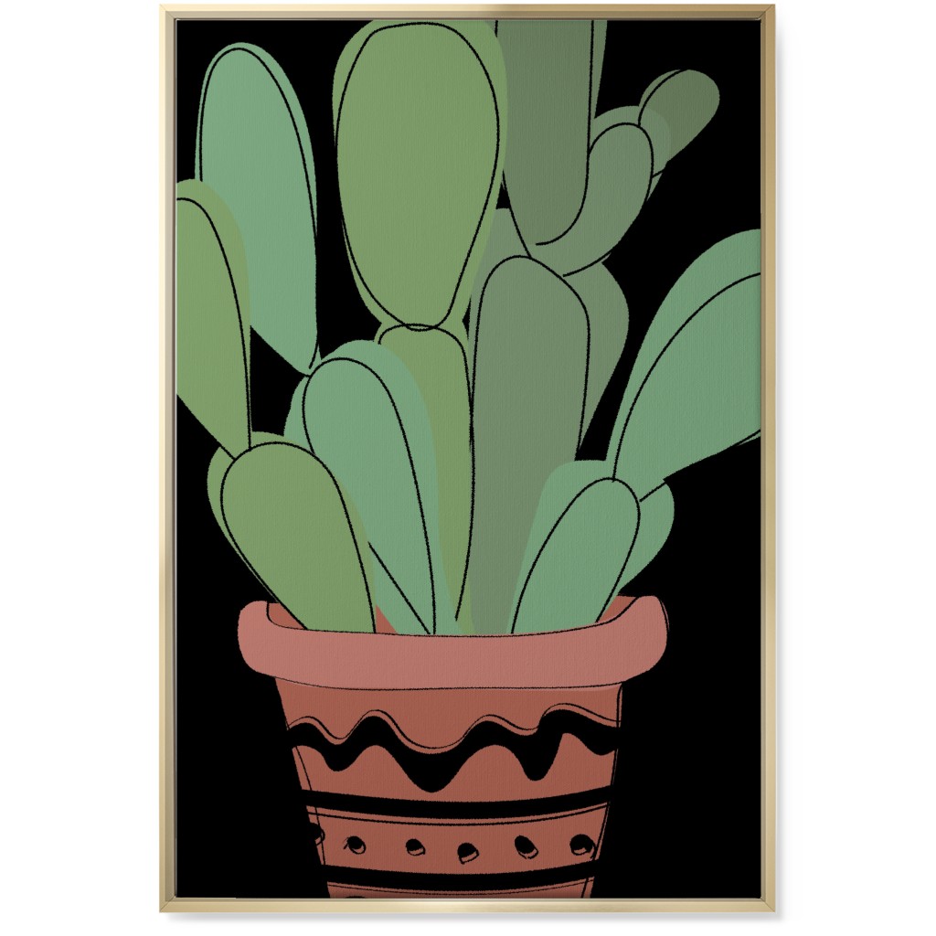 Potted Prickly Pear Cactus - Green and Black Wall Art, Gold, Single piece, Canvas, 24x36, Green, Classic Green