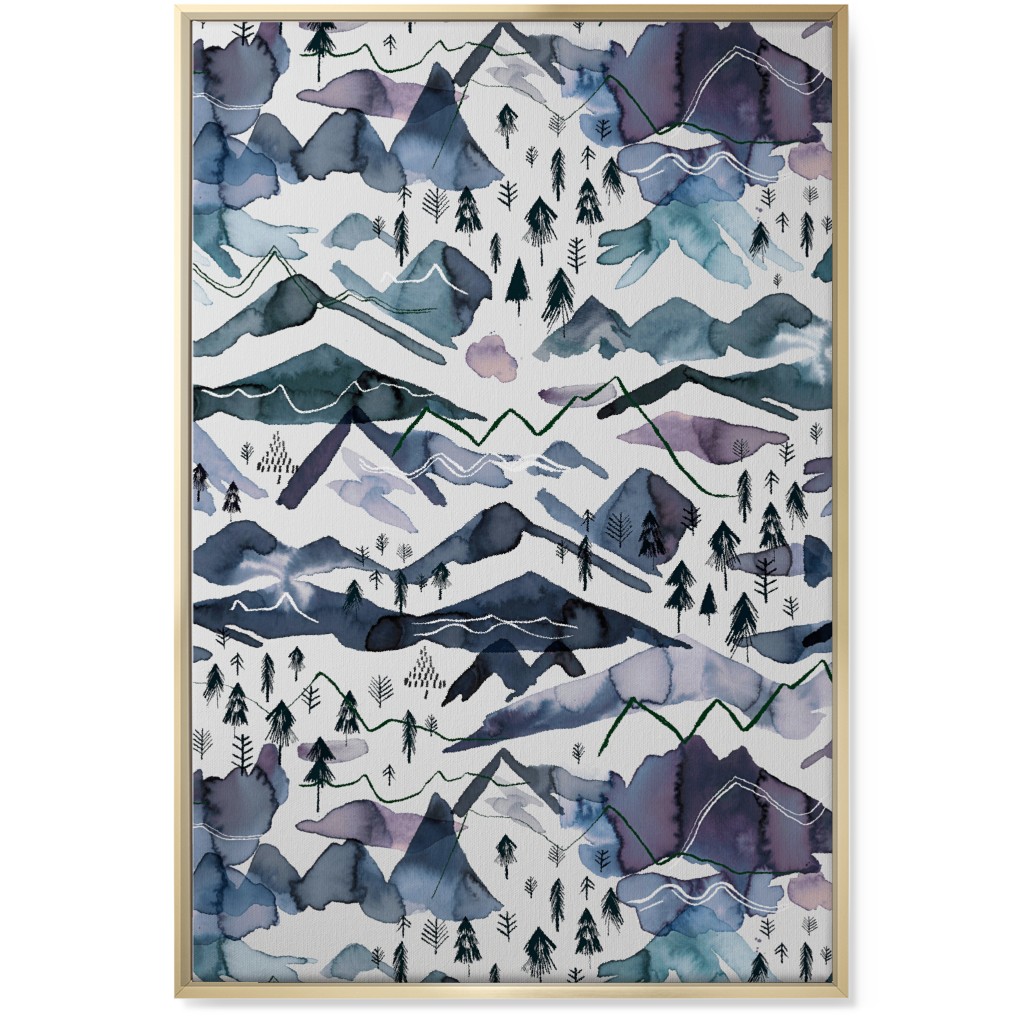 Watercolor Mountains - Blue on White Wall Art, Gold, Single piece, Canvas, 24x36, Blue, True Blue