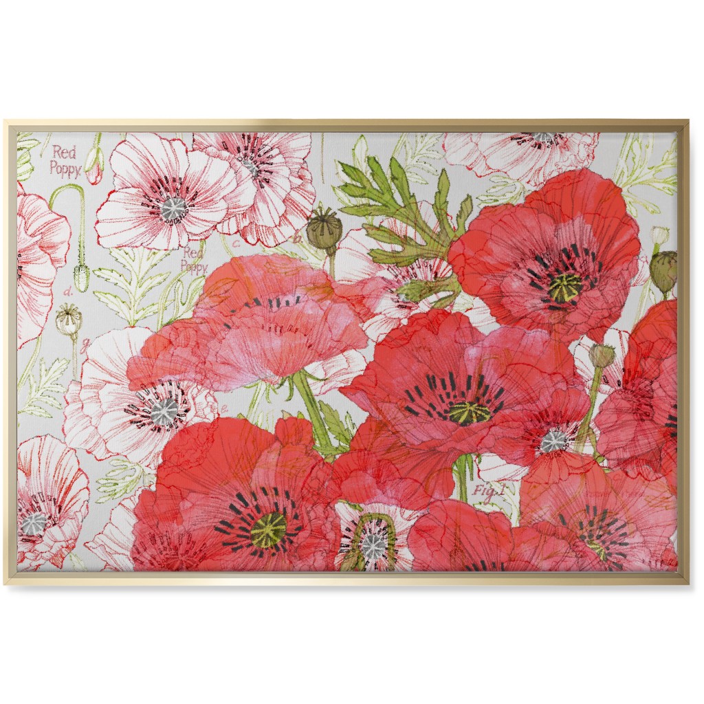 Poppies Romance - Red Wall Art, Gold, Single piece, Canvas, 24x36, Red