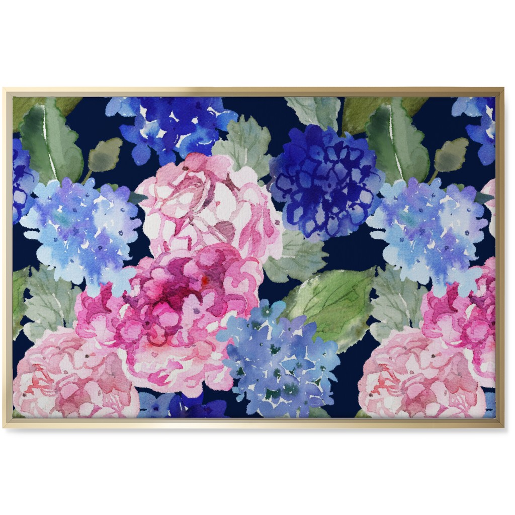 Spring Hydrangea Watercolor - Navy Wall Art, Gold, Single piece, Canvas, 24x36, Multicolor