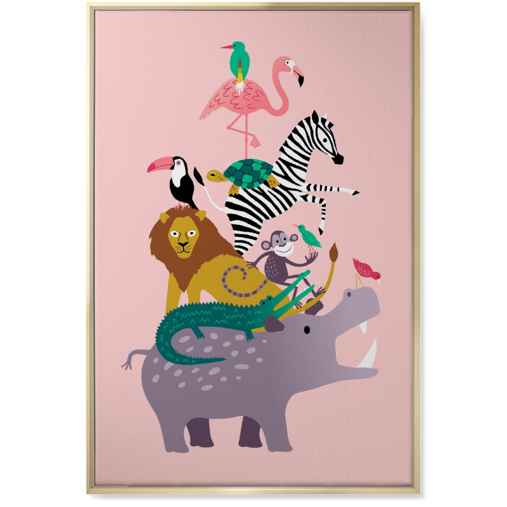 Wild Animal Tower - Pink Wall Art, Gold, Single piece, Canvas, 24x36, Multicolor