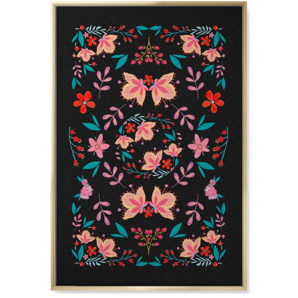 Pink Flora Folk Art on Black Wall Art, Gold, Single piece, Canvas, 24x36, Multicolor