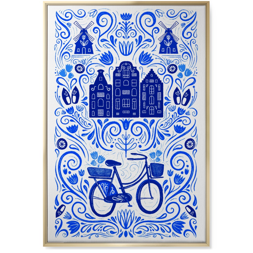 Dutch Bike Folk Art - Blue Wall Art, Gold, Single piece, Canvas, 24x36, Blue