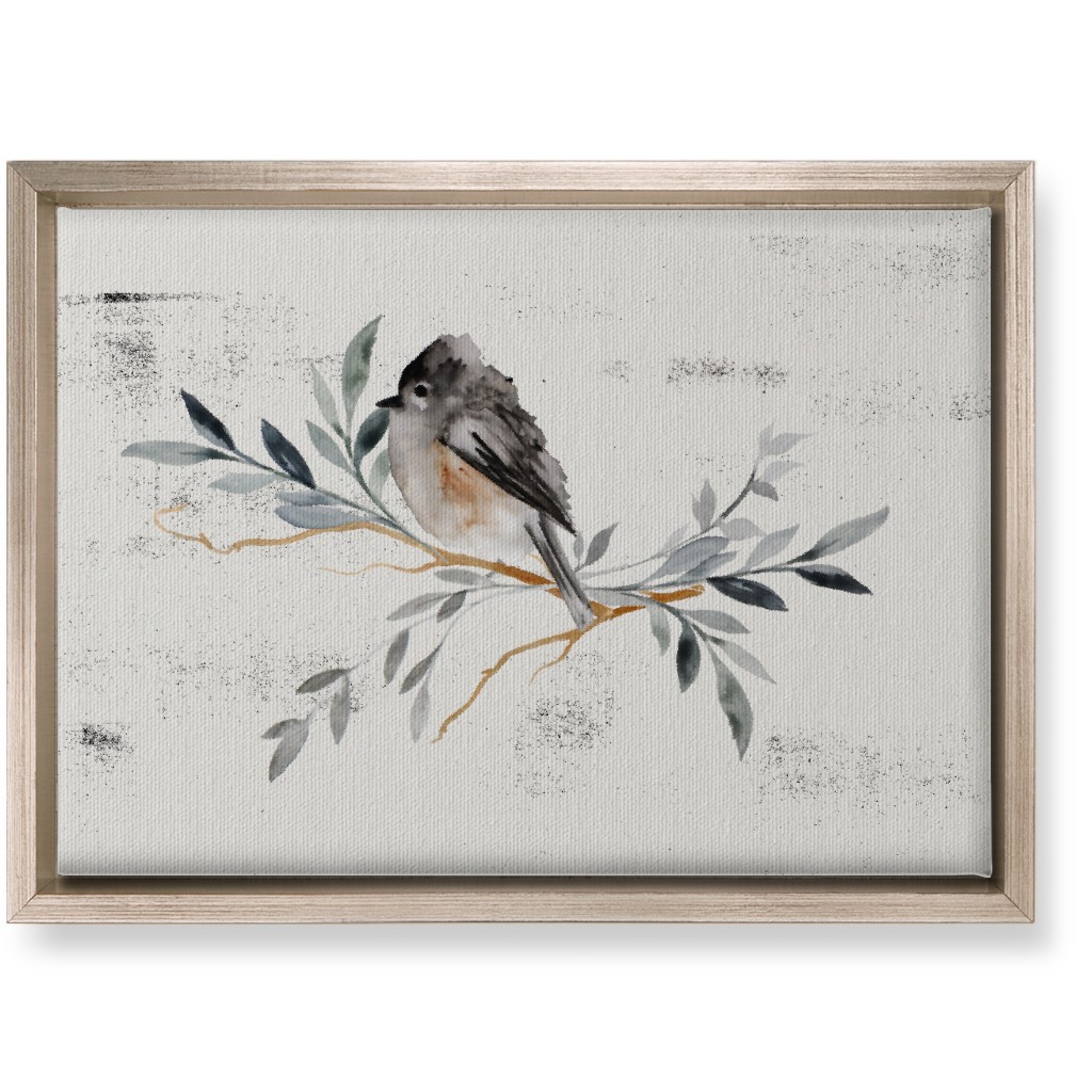 Winter Bird on Branch - Blue Wall Art, Metallic, Single piece, Canvas, 10x14, Gray
