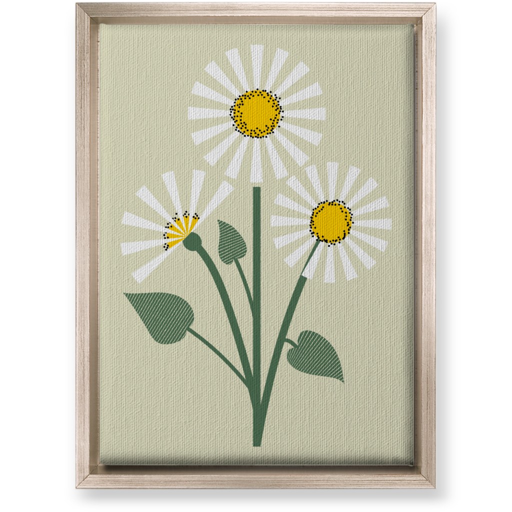 Abstract Daisy Flower - White on Beige Wall Art, Metallic, Single piece, Canvas, 10x14, Green, Classic Green