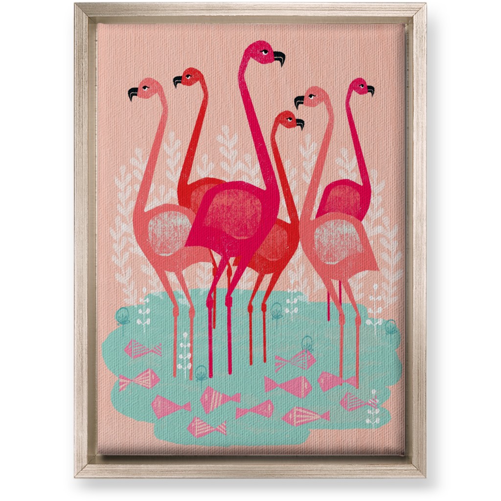 Flamingos & Fish - Pink Wall Art, Metallic, Single piece, Canvas, 10x14, Pink, Bright Pink