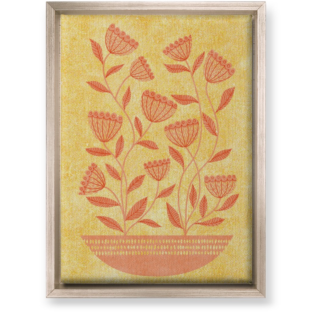 Mid Century Modern Orange Floral on Yellow Wall Art, Metallic, Single piece, Canvas, 10x14, Orange, Orange