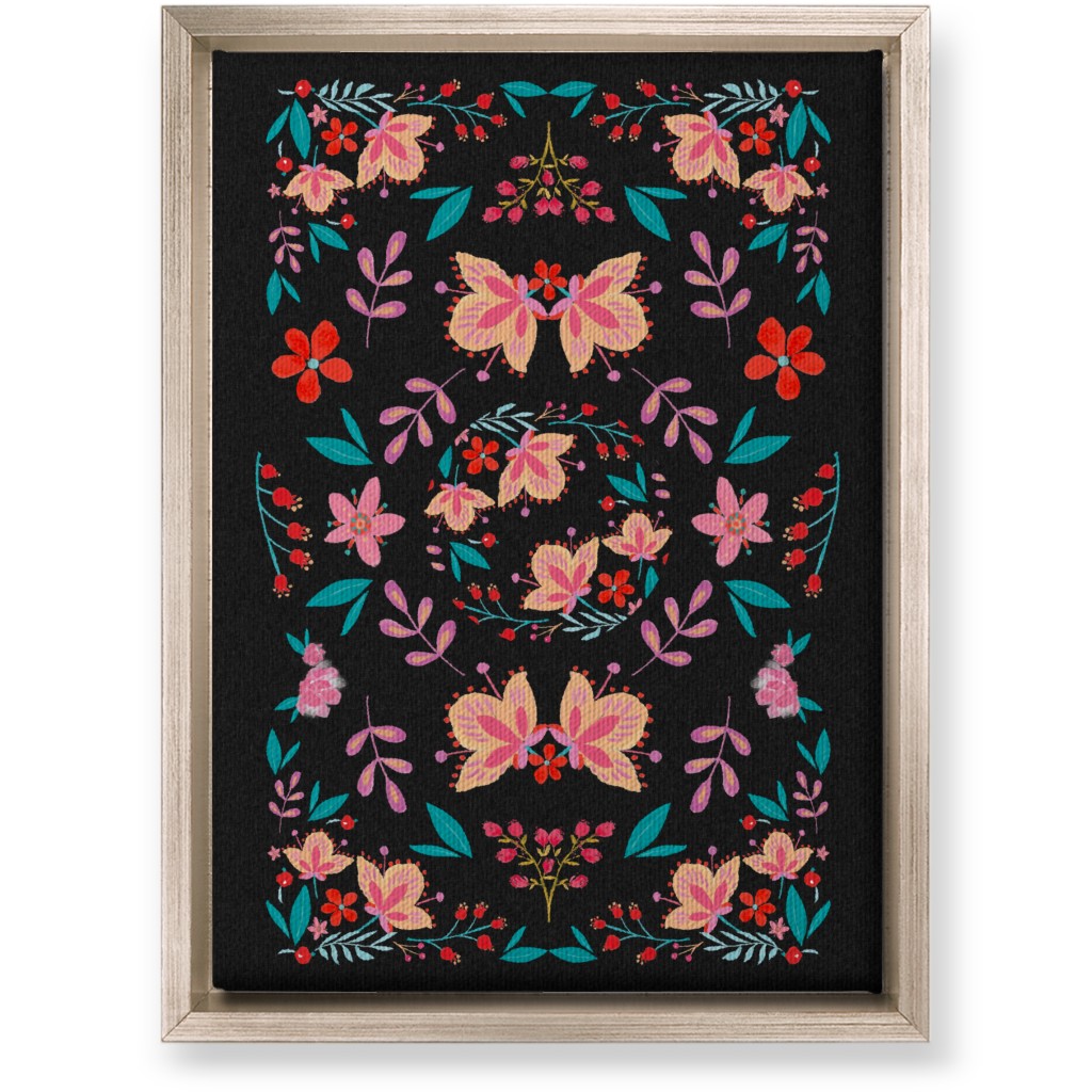 Pink Flora Folk Art on Black Wall Art, Metallic, Single piece, Canvas, 10x14, Multicolor