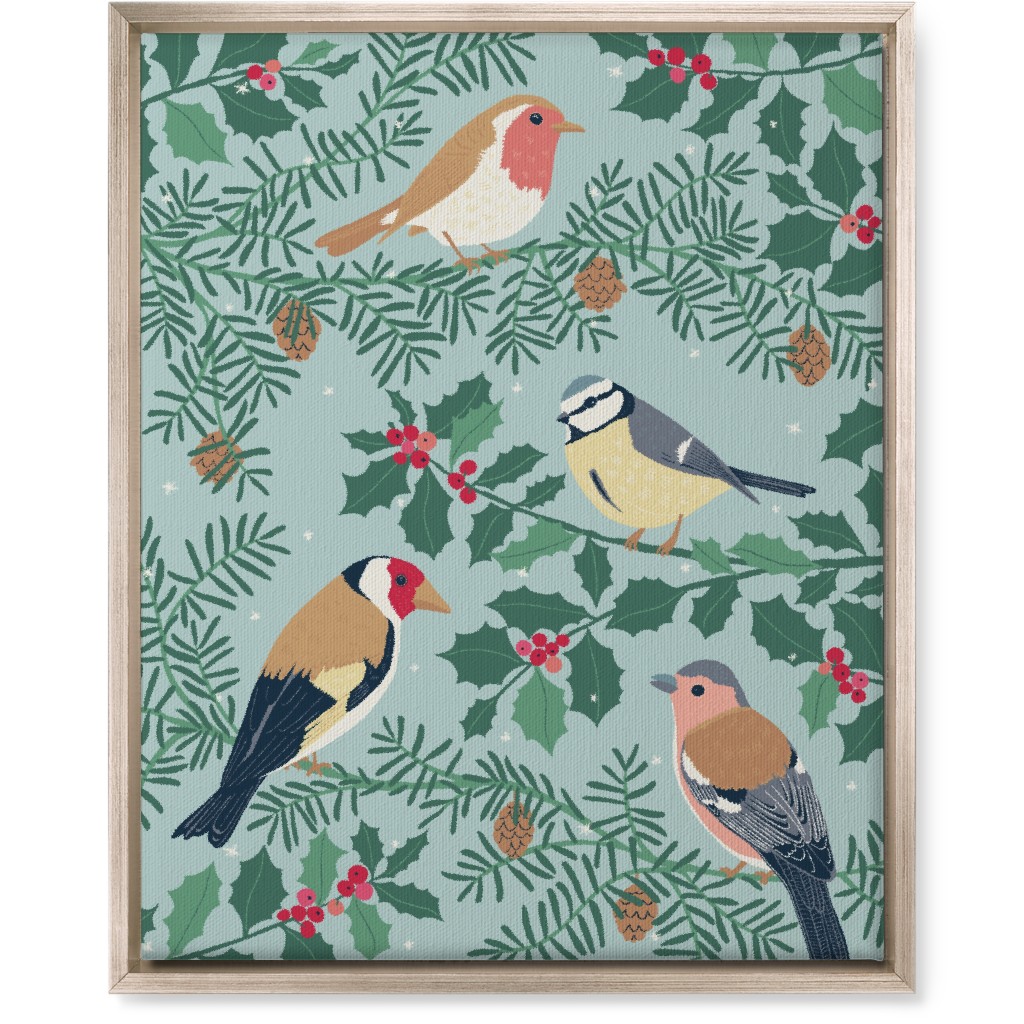 Robin & Friends, Winter Garden Birds - Blue Wall Art, Metallic, Single piece, Canvas, 16x20, Blue, True Blue