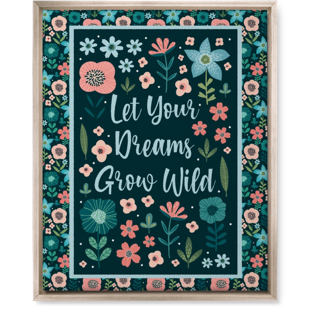 Let Your Dreams Grow Wild - Florals in Coral, Aqua & Turquoise on Navy Wall Art, Metallic, Single piece, Canvas, 16x20, Blue