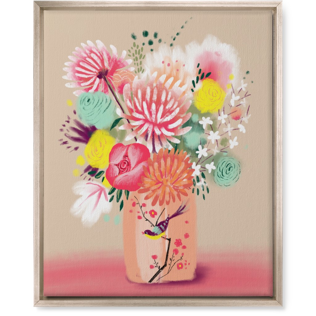 Bouquet in a Bird Vase Wall Art, Metallic, Single piece, Canvas, 16x20, Pink