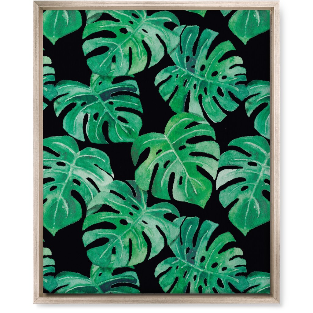 Watercolor Monstera Leaves Wall Art, Metallic, Single piece, Canvas, 16x20, Green