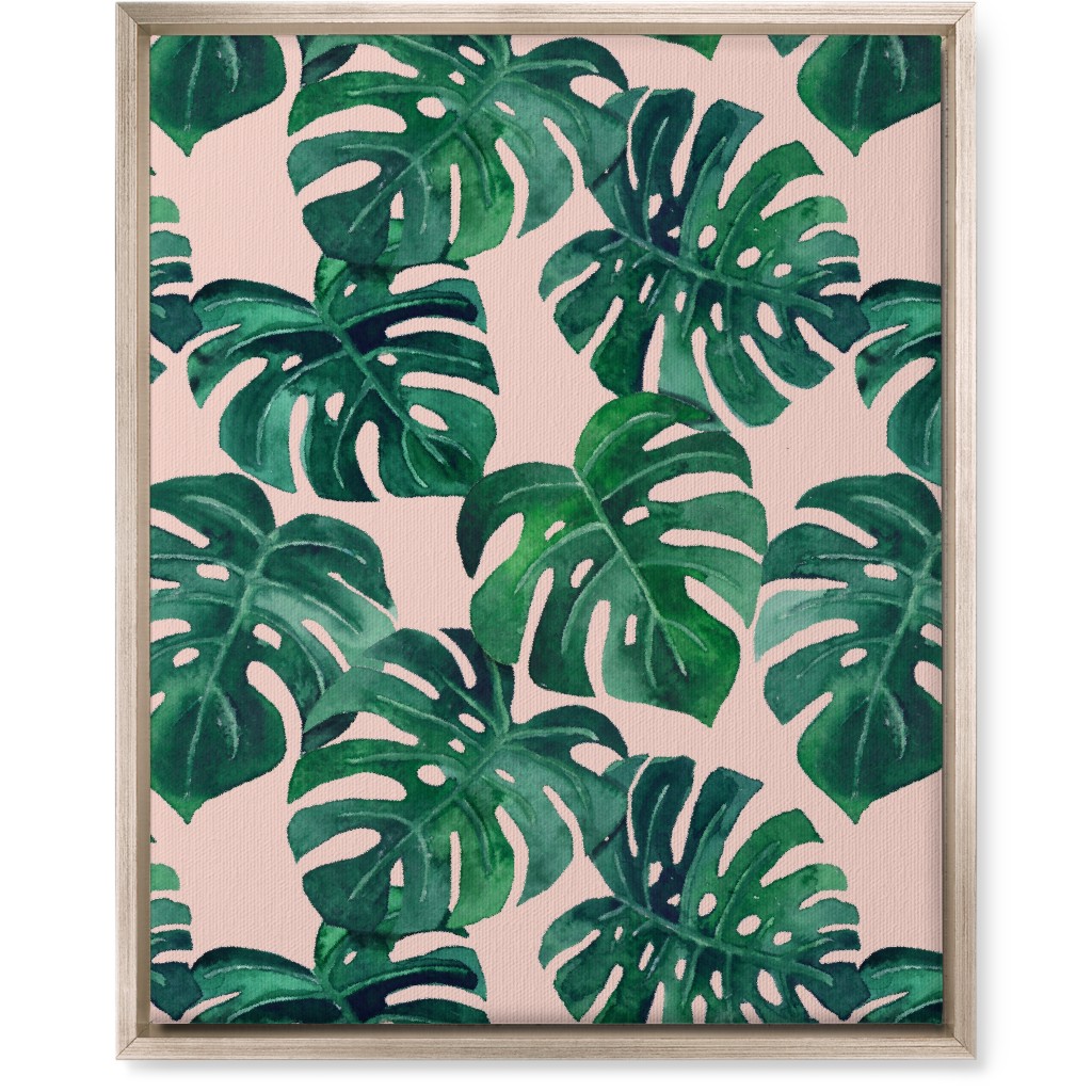 Watercolor Monstera Leaves Wall Art, Metallic, Single piece, Canvas, 16x20, Green, Pearl