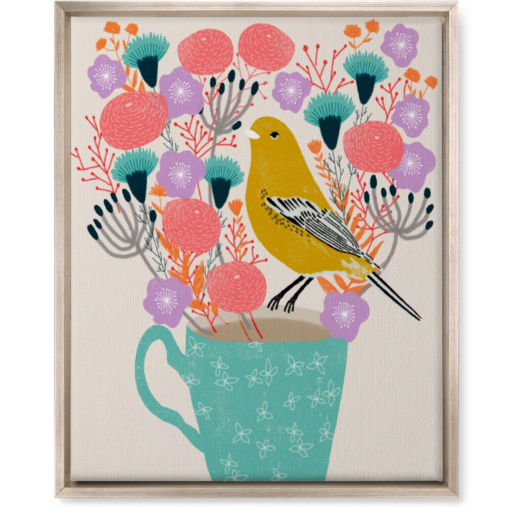 Yellow Bird on Teacup Bouquet Wall Art, Metallic, Single piece, Canvas, 16x20, Multicolor