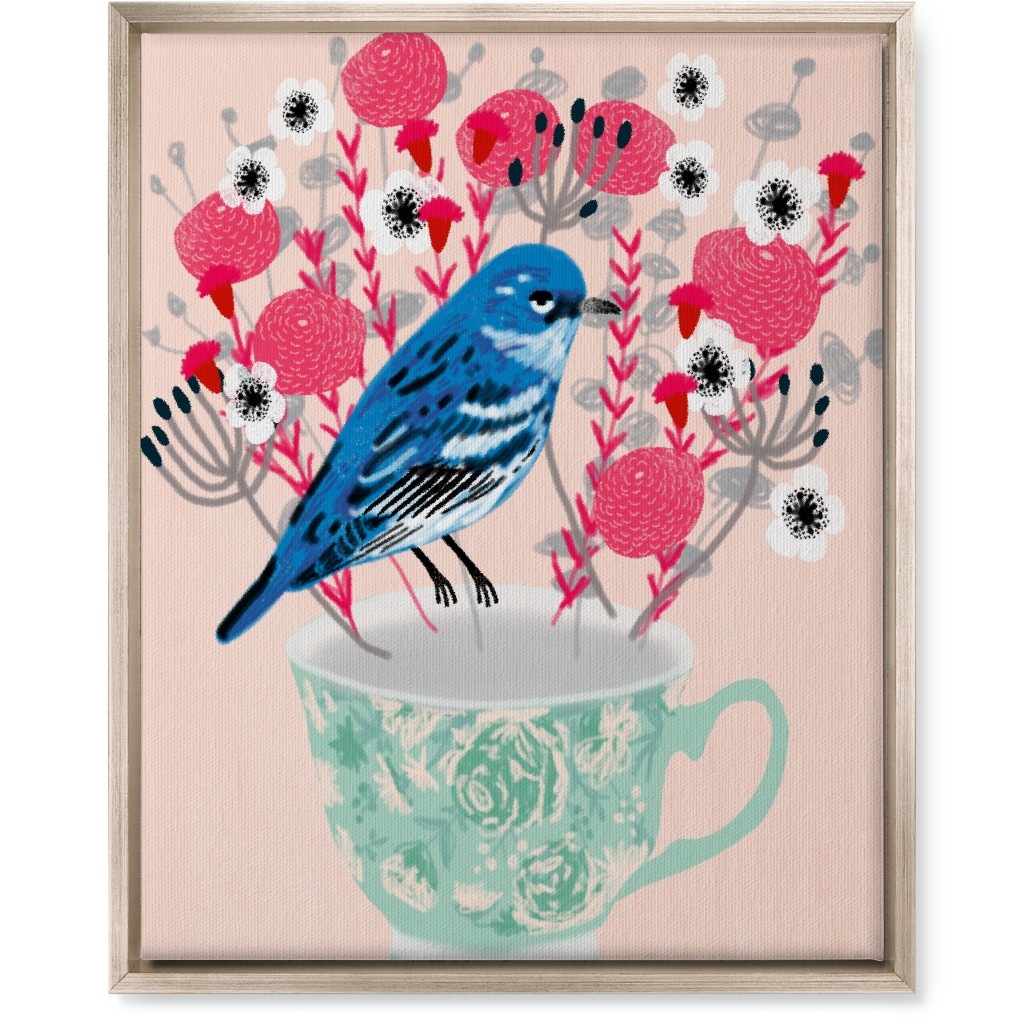 Blue Bird on Teacup Bouquet Wall Art, Metallic, Single piece, Canvas, 16x20, Multicolor